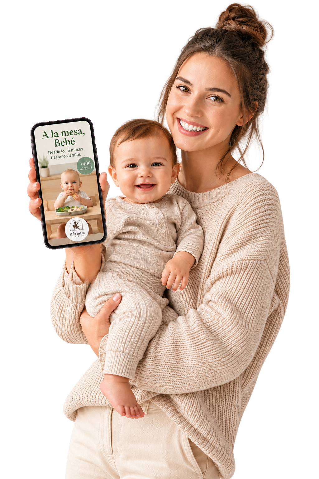 Madre con su bebé mostrando el libro digital A la mesa Bebé